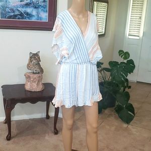 Umgee L pastel striped romper batwing surplice upper ruffle shorts